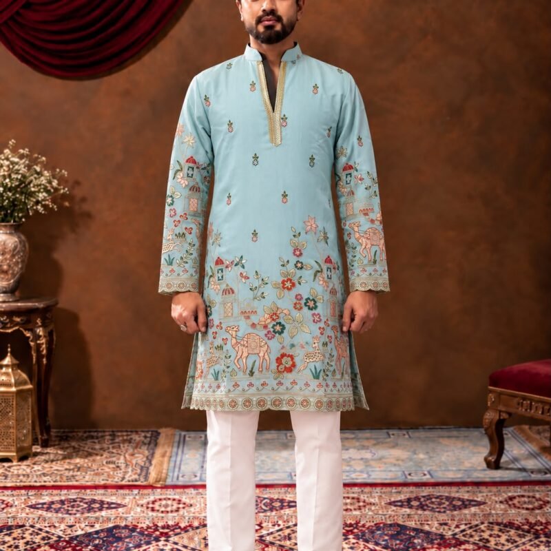 Men's Aqua Blue Printed Kurta Set with White Pajama