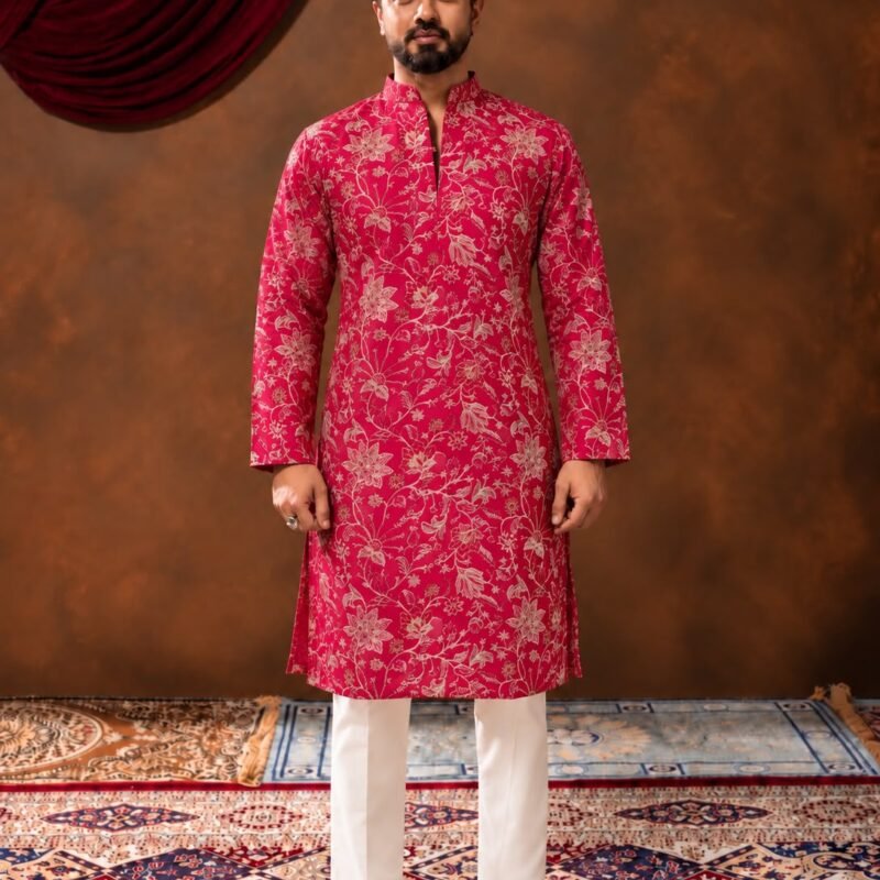 mens-pink-floral-printed-straight-kurta-with-white-pajama